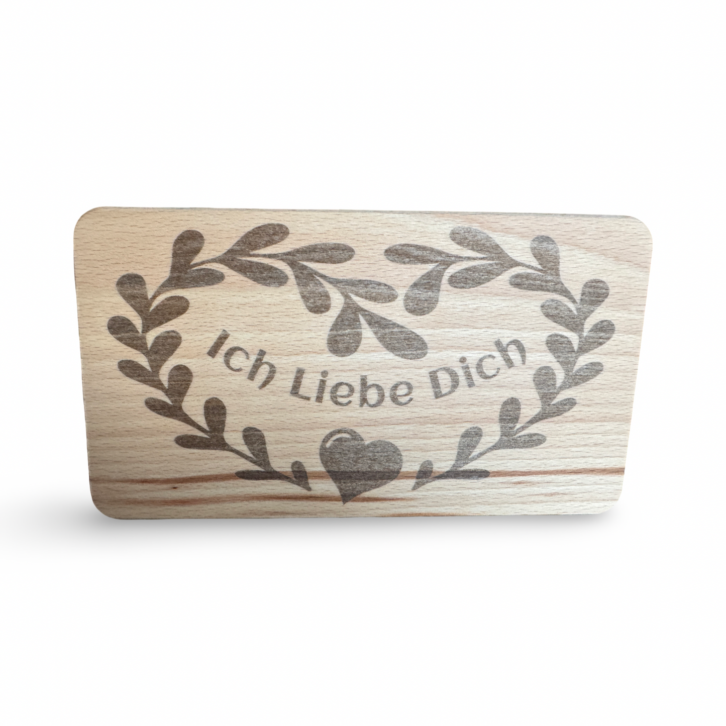 Frontale Ansicht eines personalisierbaren Frühstücksbrettes aus Holz mit Lasergravur „Ich Liebe Dich" und Herz