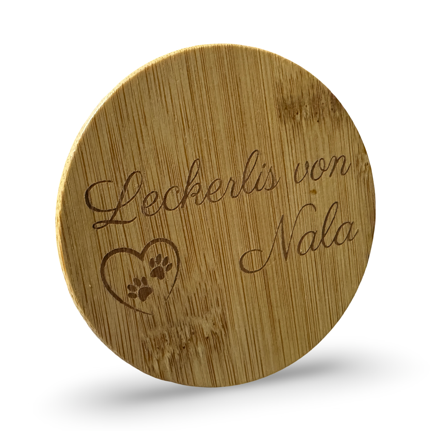 Bambusdeckel und lasergravierten Spruch „Leckerlis von Nala“ – dekoratives individualisierbares Aufbewahrungsglas für Leckerlis