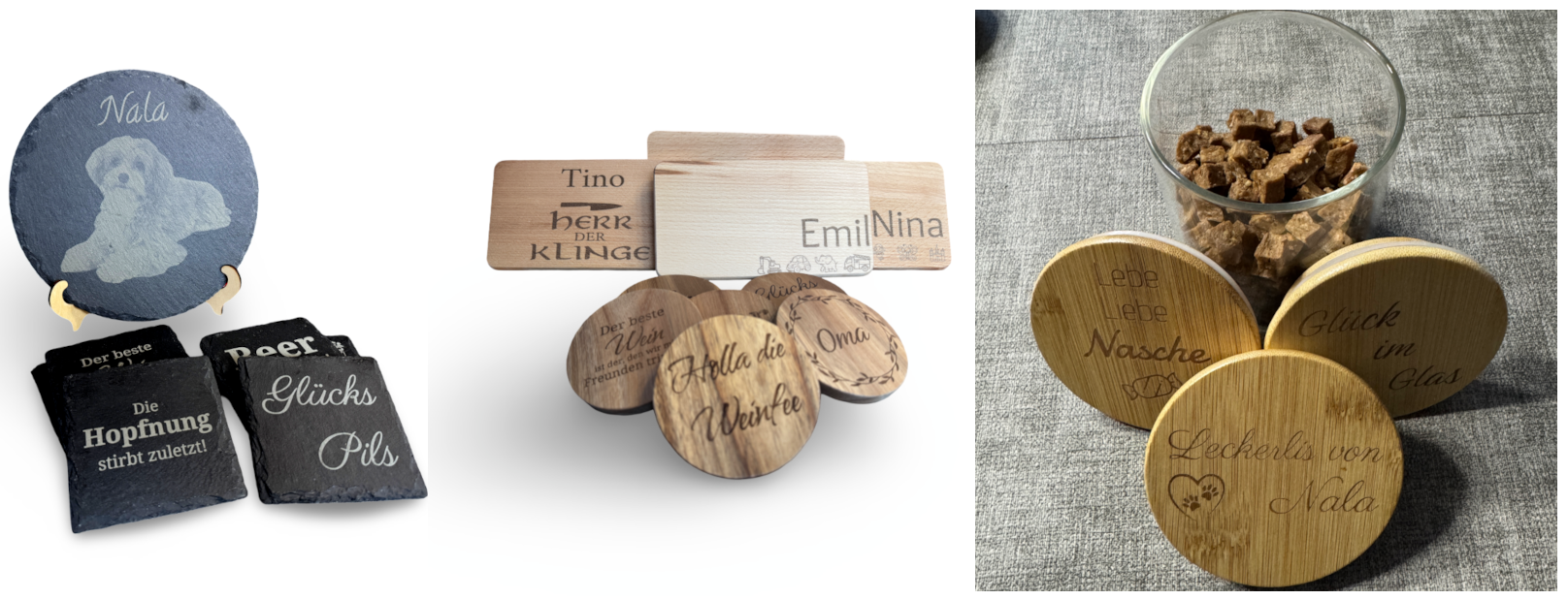 Startseiten-Banner mit gravierten Schieferplatten, Holzuntersetzern und personalisierten Bambus-Deckeln – Übersicht personalisierter Geschenkideen mit Lasergravur