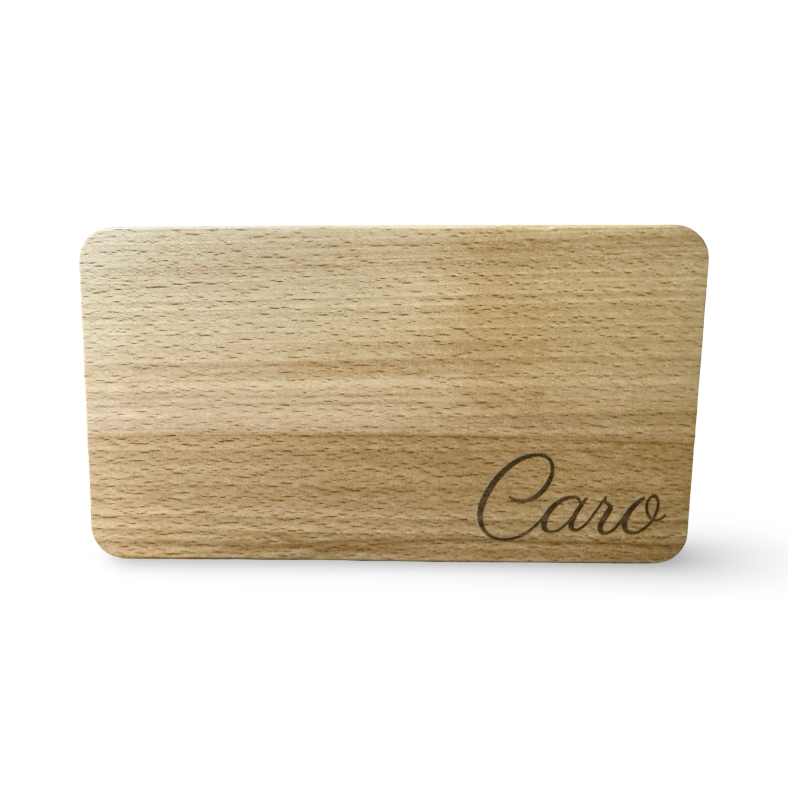 Frontale Ansicht eines personalisierbaren Frühstücksbrettes aus Holz mit Lasergravur „Caro“