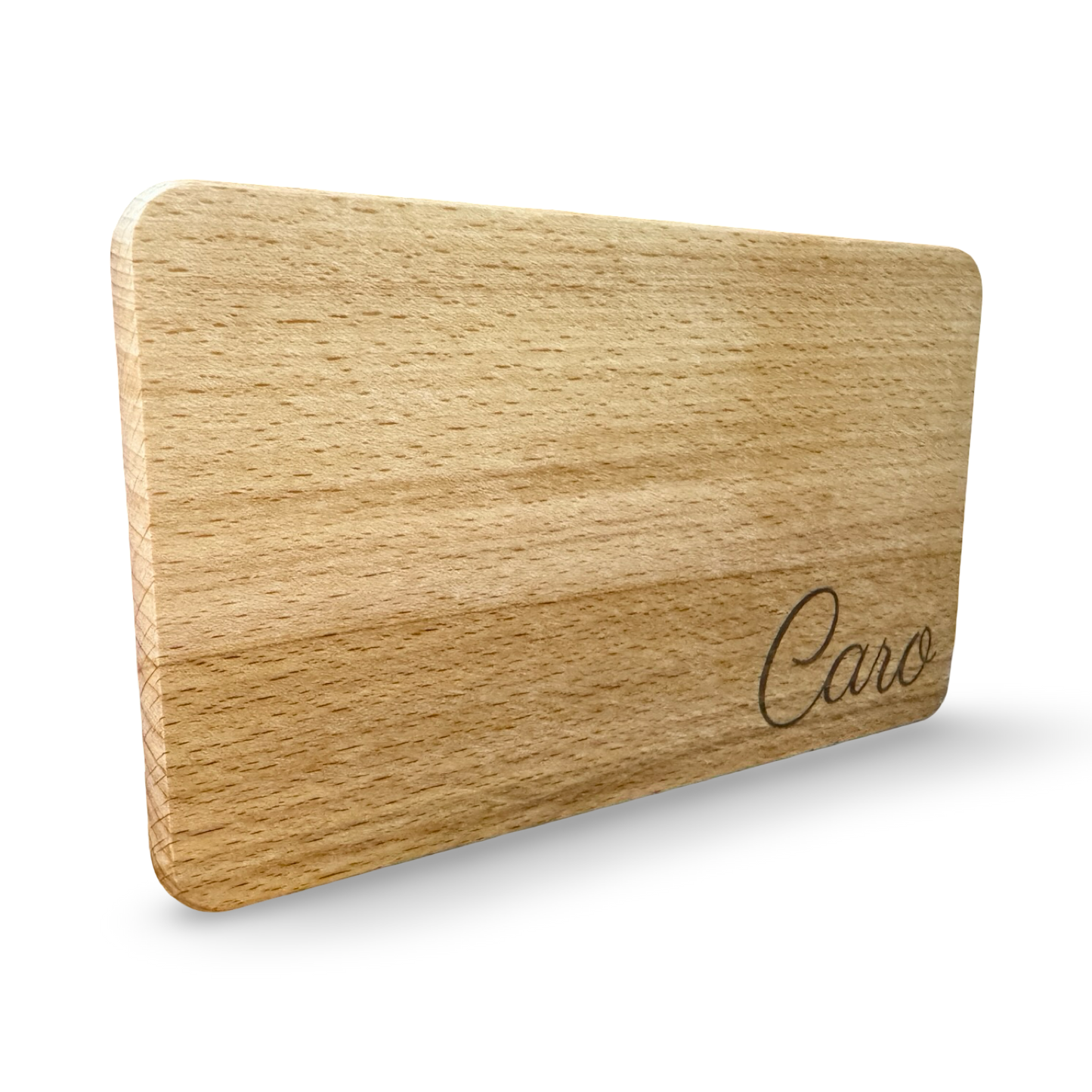 Schräge Ansicht eines personalisierbaren Frühstücksbrettes aus Holz mit Lasergravur „Caro“