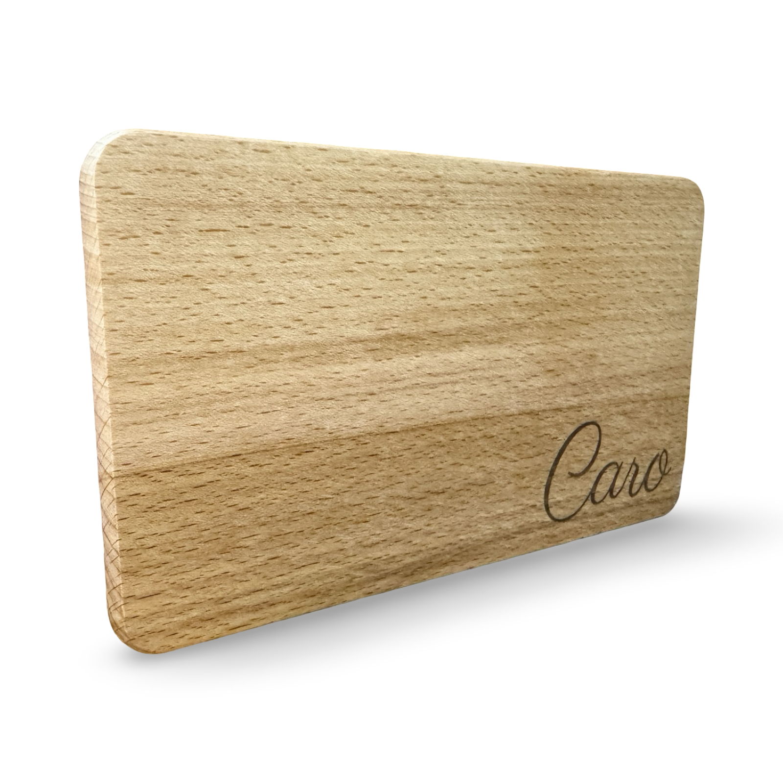 Schräge Ansicht eines personalisierbaren Frühstücksbrettes aus Holz mit Lasergravur „Caro“