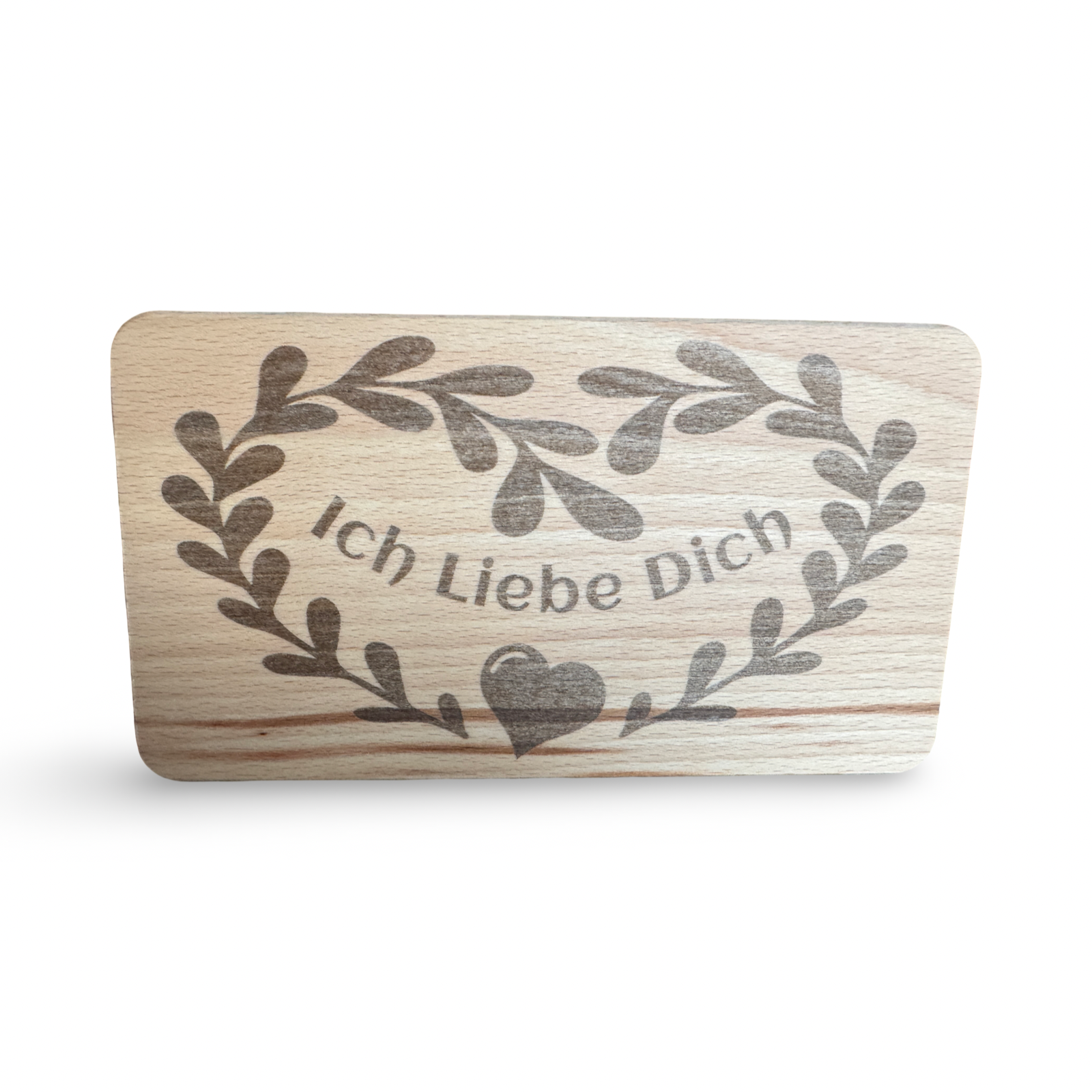 Frontale Ansicht eines personalisierbaren Frühstücksbrettes aus Holz mit Lasergravur „Ich Liebe Dich" und Herz
