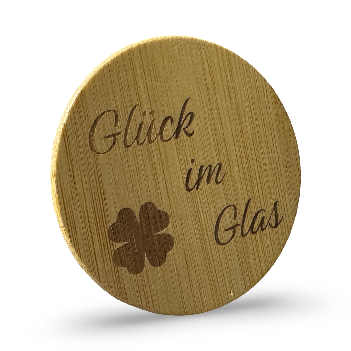 Bambusdeckel und lasergravierten Spruch „Glück im Glas“ – dekoratives Aufbewahrungsglas für Süßigkeiten