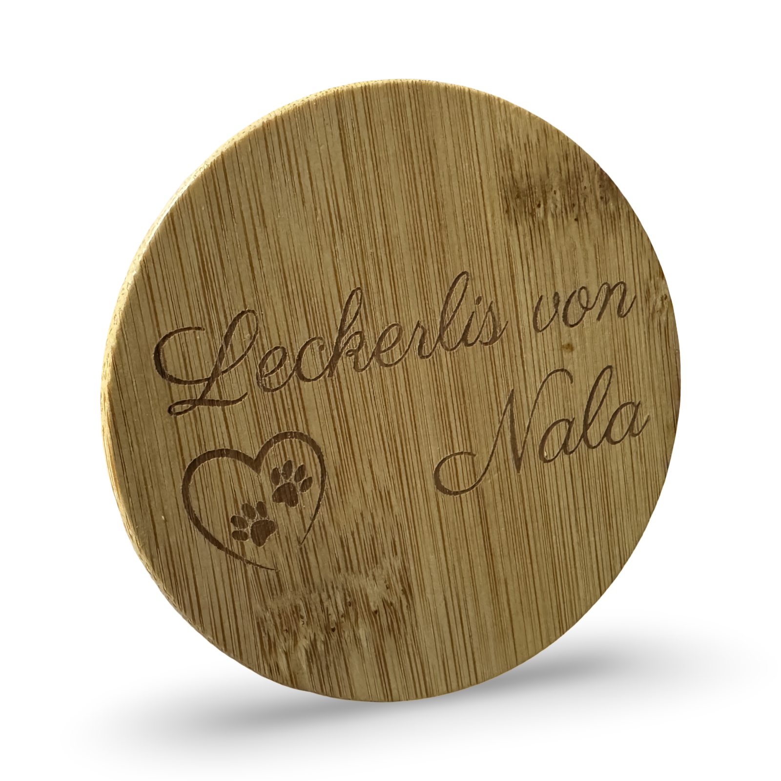 Bambusdeckel und lasergravierten Spruch „Leckerlis von Nala“ – dekoratives individualisierbares Aufbewahrungsglas für Leckerlis