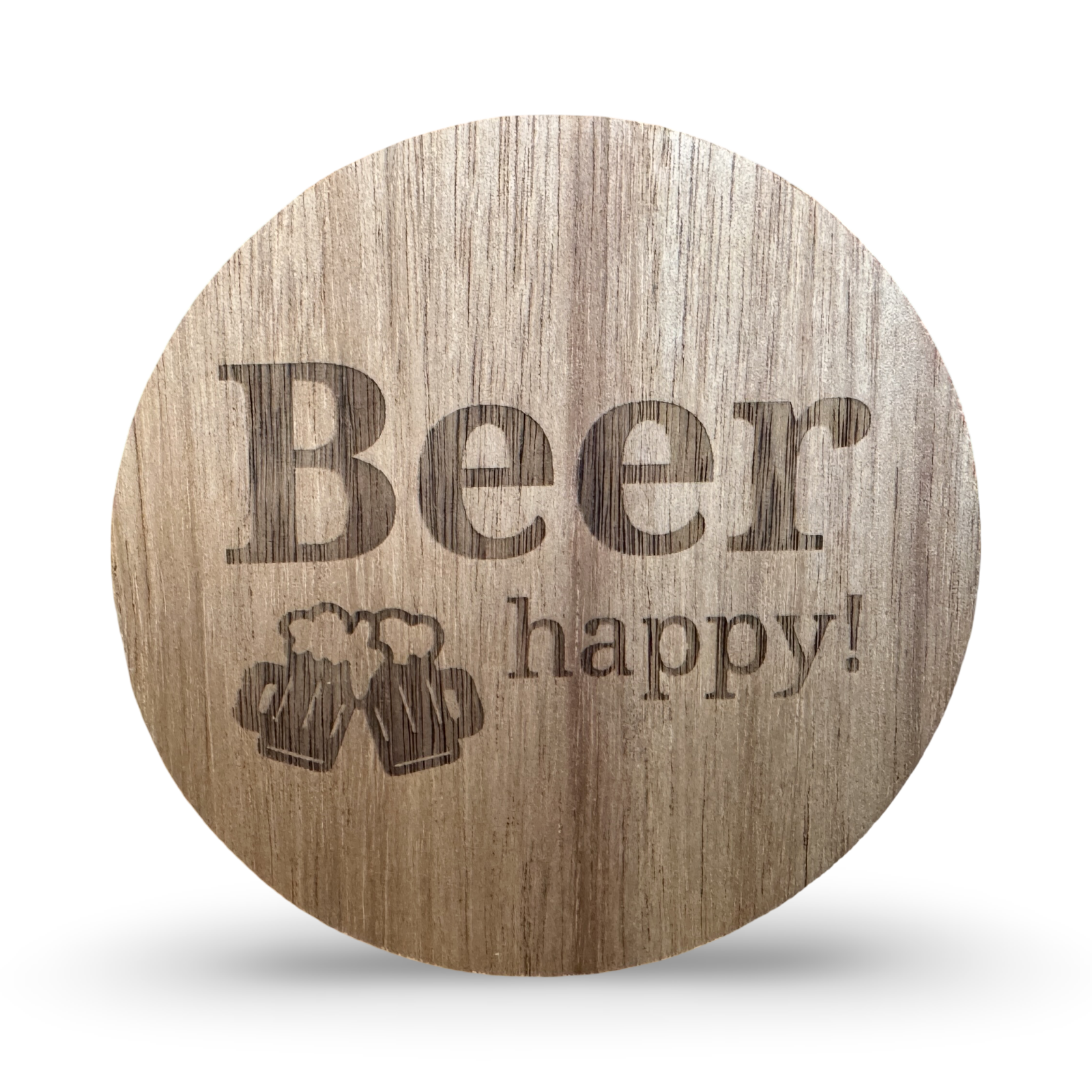 Frontale Ansicht eines Untersetzers aus Holz mit lasergraviertem Schriftzug „Beer happy“ – dekorativer Getränkeuntersetzer für Bierliebhaber